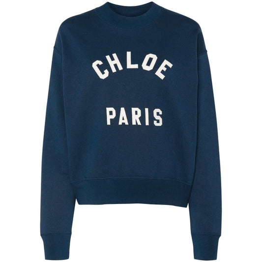 Chloé Chloè Sweaters Blue, blue cotton sweatshirt with logo patch, mock neck, long sleeves, straight hem, true to size.