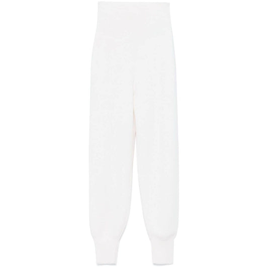 Chloé Chloè Trousers White high-waisted wool knitted with ribbed waistband and tapered leg featuring Marcie logo charm.