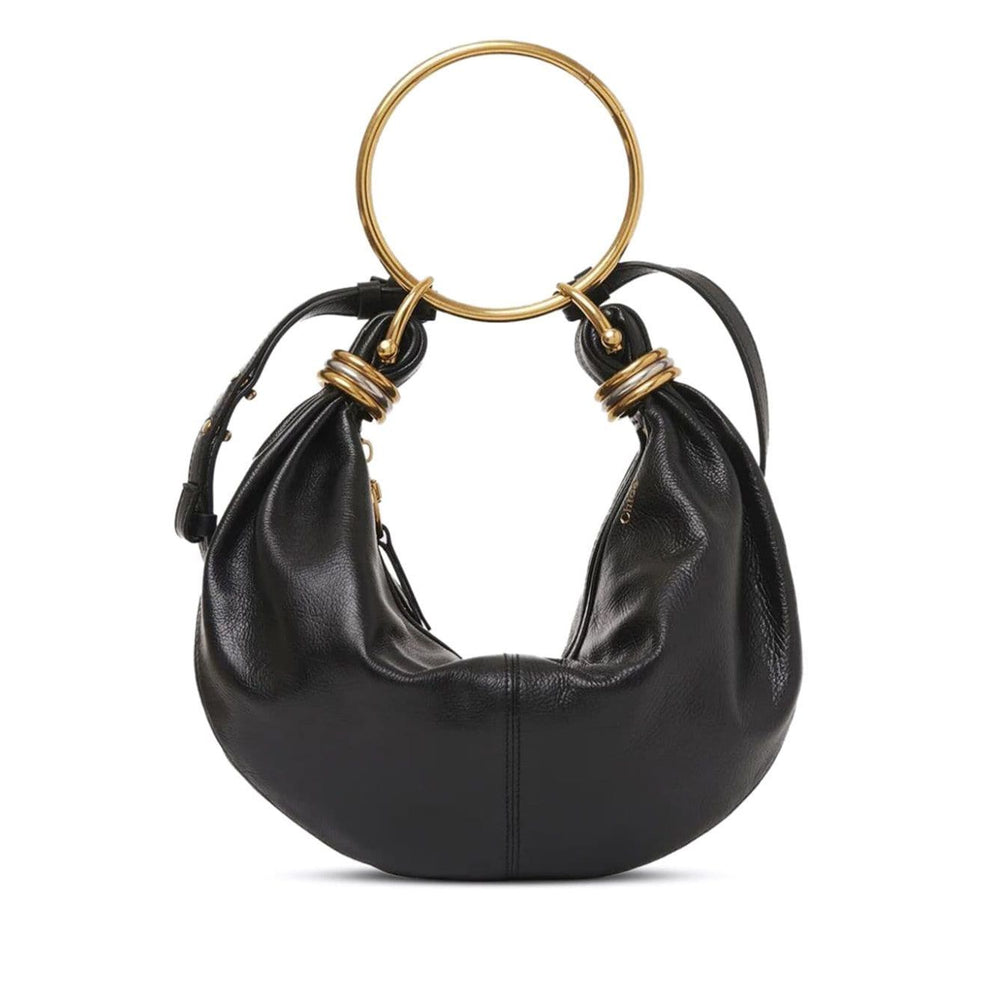 Chloé Small Bracelet Hobo Bag in black leather with gold-tone ring handle and detachable strap.