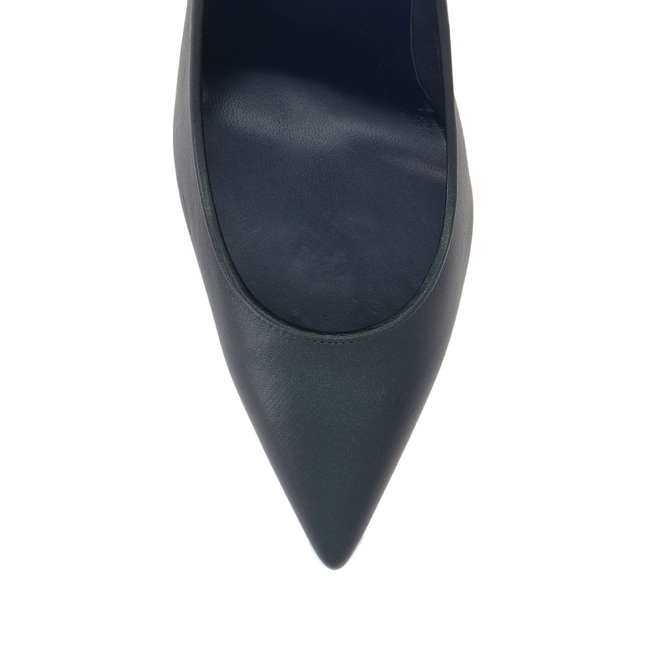 Close-up of Christian Louboutin Kate 100 mm Pumps - Nappa leather in blue lambskin with pointed toe and red sole.