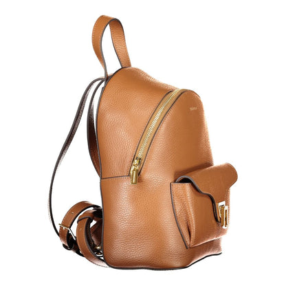 Coccinelle Brown Leather Women Backpack with adjustable straps and front pocket, stylish and functional Italian fashion accessory.