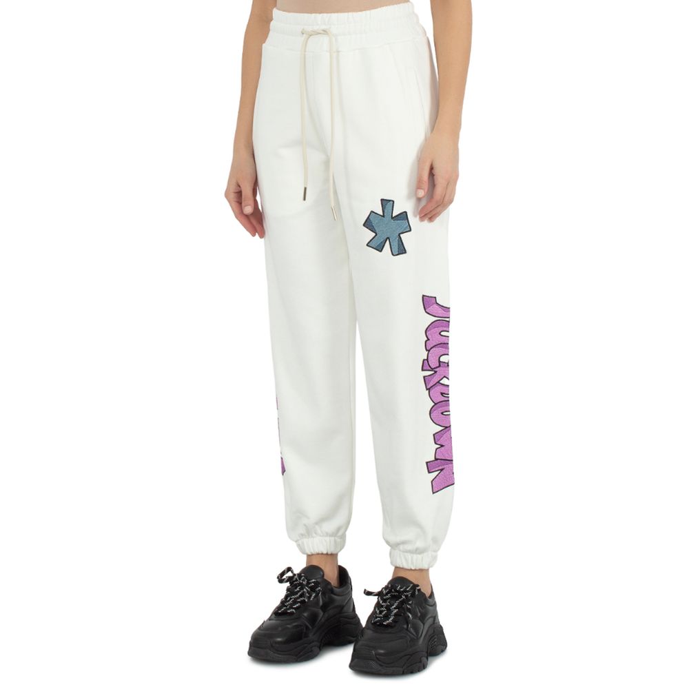 Comme Des Fuckdown White Cotton Jeans & Pant with logo embroidery, side pockets, and drawstring for casual style.