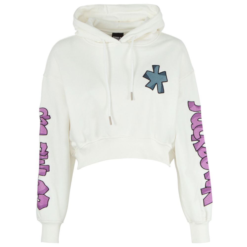 Comme Des Fuckdown White Cotton Sweater with hoodie, chest, sleeve, and back embroidery, featuring drawstring and logo design.
