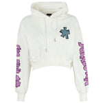 Comme Des Fuckdown White Cotton Sweater with hoodie, chest, sleeve, and back embroidery, featuring drawstring and logo design.