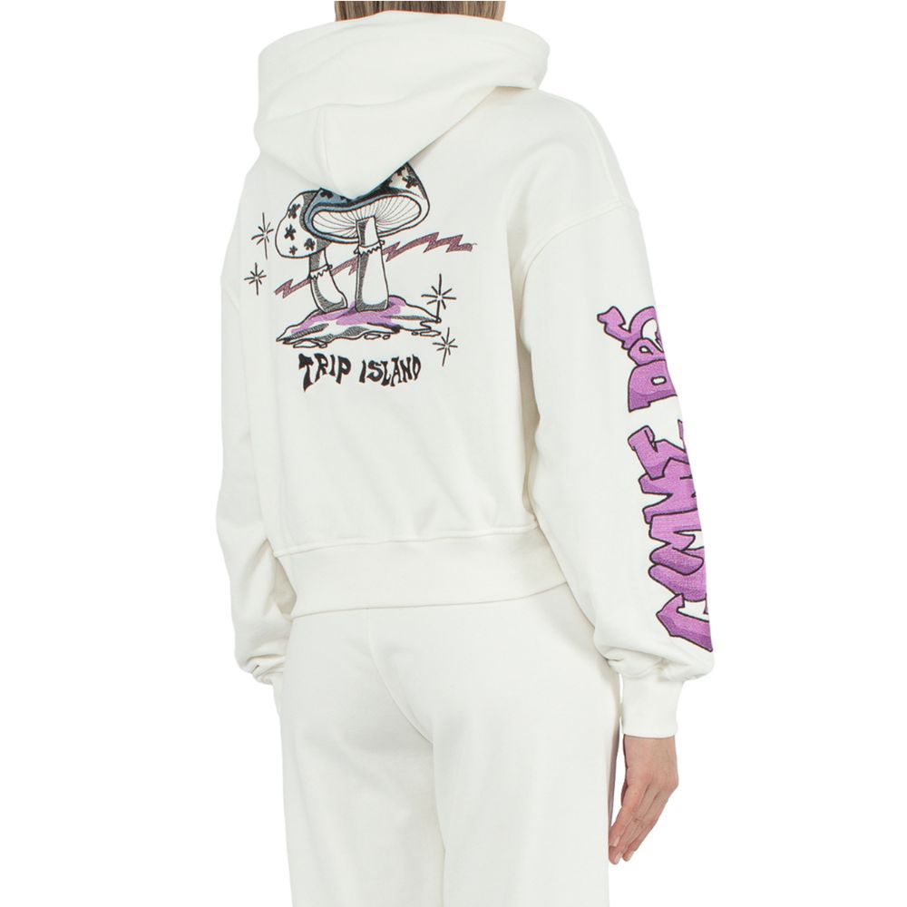 Comme Des Fuckdown White Cotton Sweater featuring graphic on back and purple sleeve embroidery, hooded with drawstring.