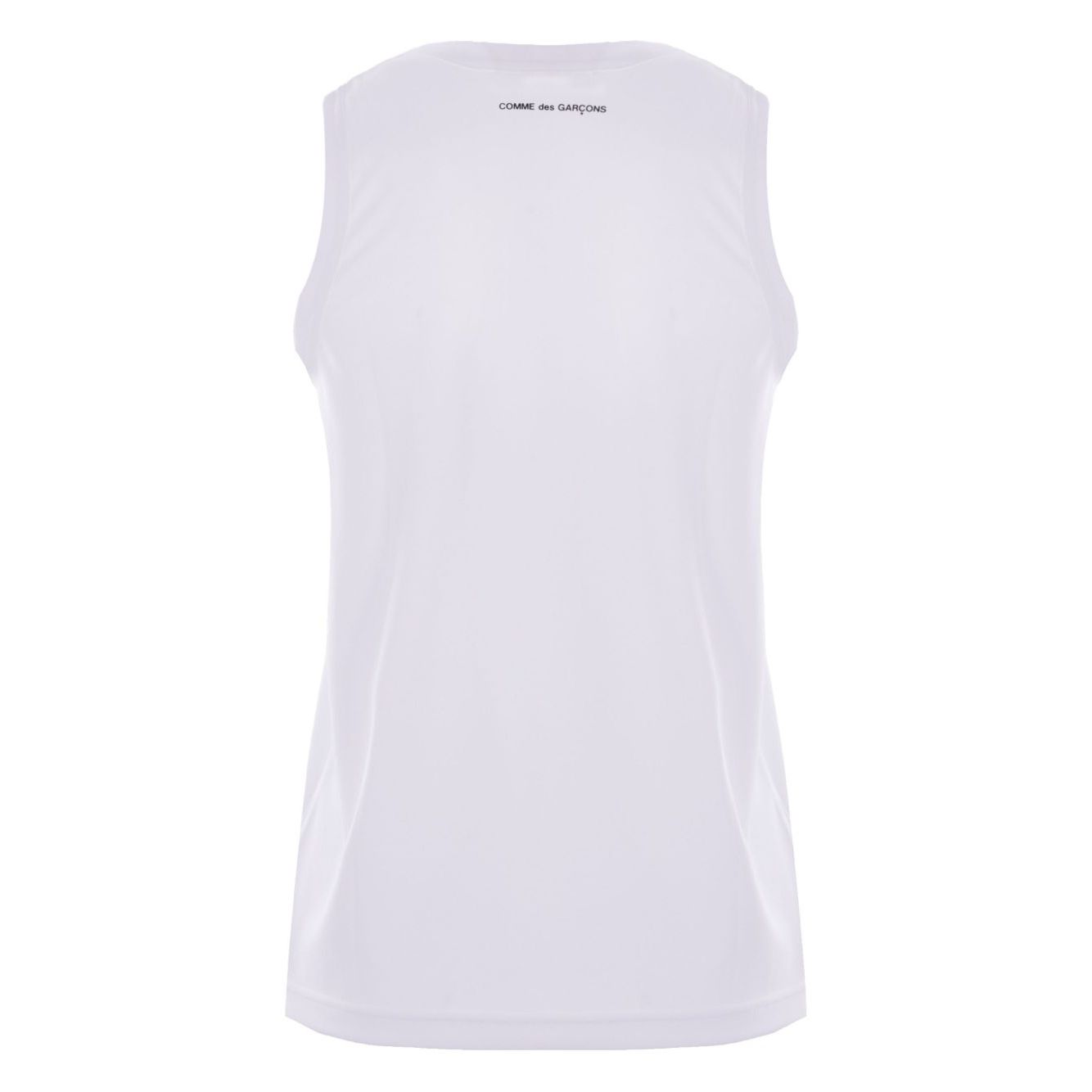 Back view of Comme des Garcons Top White scoop neck sleeveless tank with rear logo print.