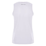 Back view of Comme des Garcons Top White scoop neck sleeveless tank with rear logo print.