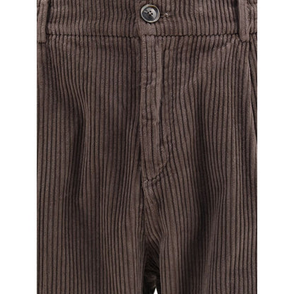 Close-up of Cruna Brown Cotton Casual Pants with corduroy texture and button closure for a refined casual look, 100% cotton material.