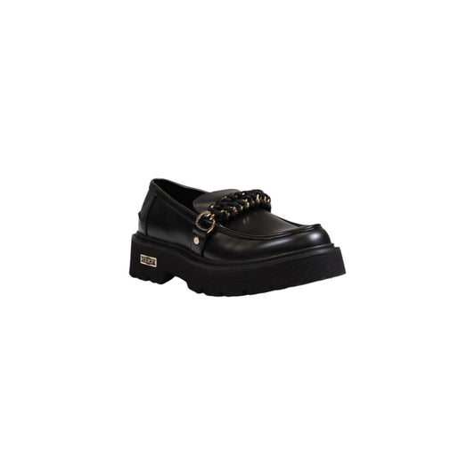 Cult Black Leather Platform shoe with brushed finish and chain detail, featuring chunky treaded sole for stable, stylish comfort.