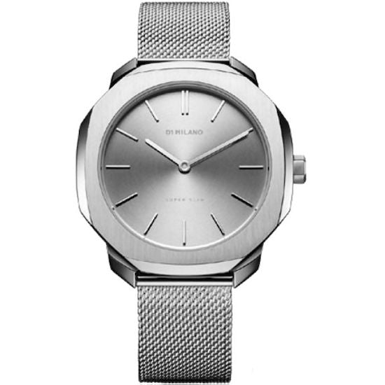 D1 MILANO Mod. SUPER SLIM stainless steel ladies wristwatch with 5 ATM water resistance and minimalist design, shown in official packaging.