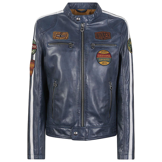 DAYTONA 73 Jackets Blue - Wartburgy leather moto jacket inspired by vintage car and motorcycle racing, in vegetable tanned lambskin.