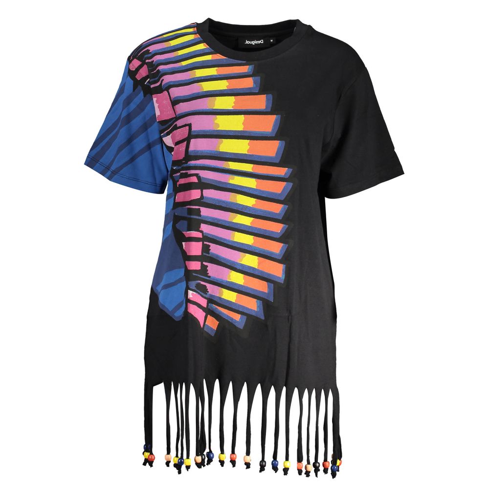 Desigual Black Cotton Women Dress with vibrant print and fringe details