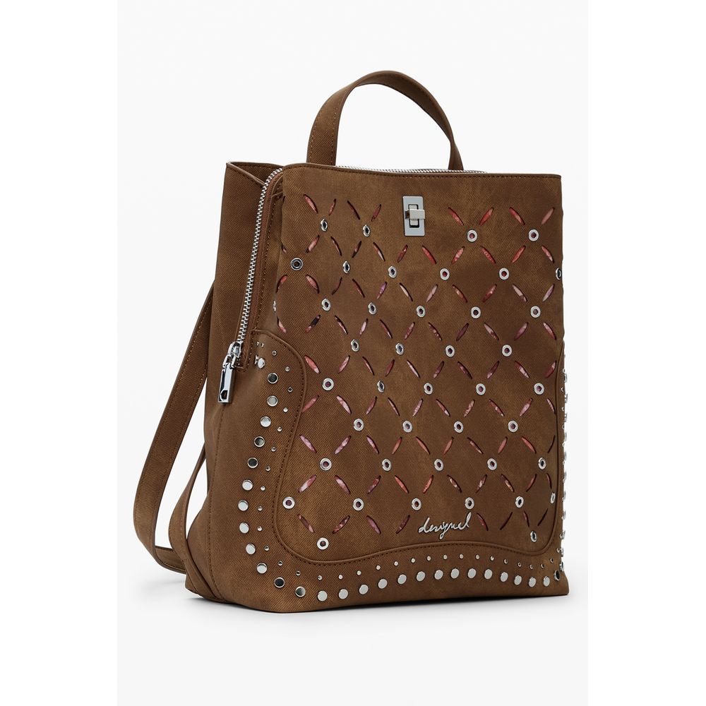 Desigual Brown Polyethylene Women Backpack with studded details and multiple compartments for fashion-forward individuals.