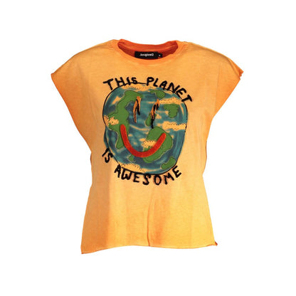 Desigual Orange Cotton Women T-Shirt with a vibrant world print and bold text design.
