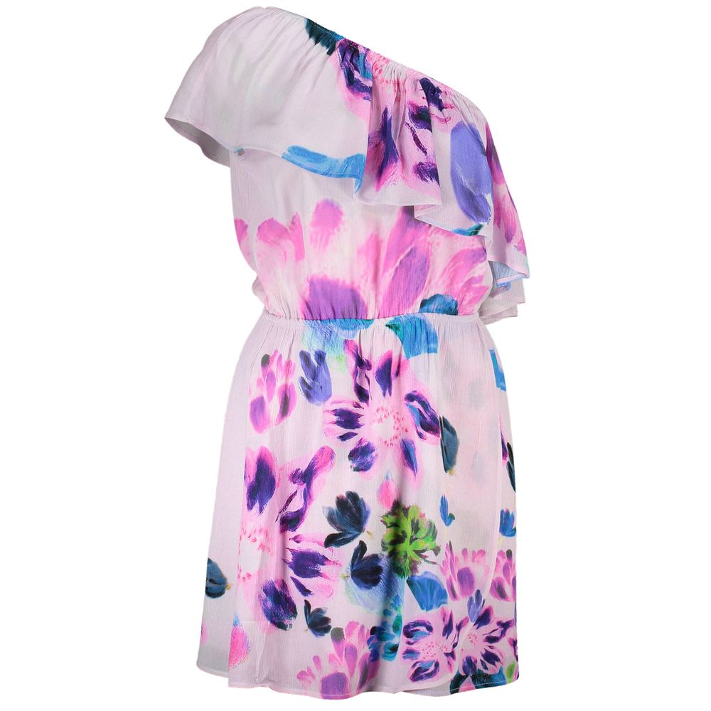 Desigual Pink Viscose Women Dress with floral print, one-shoulder design, and elastic waist; bold and chic fashion statement piece.