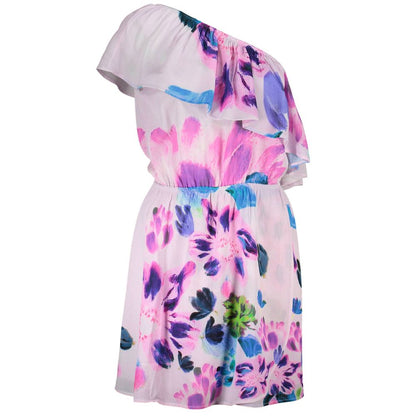 Desigual Pink Viscose Women Dress with floral print, one-shoulder design, and elastic waist; bold and chic fashion statement piece.