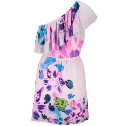 Desigual Pink Viscose Women Dress with floral print and one-shoulder design, featuring elastic waist for a flattering look.