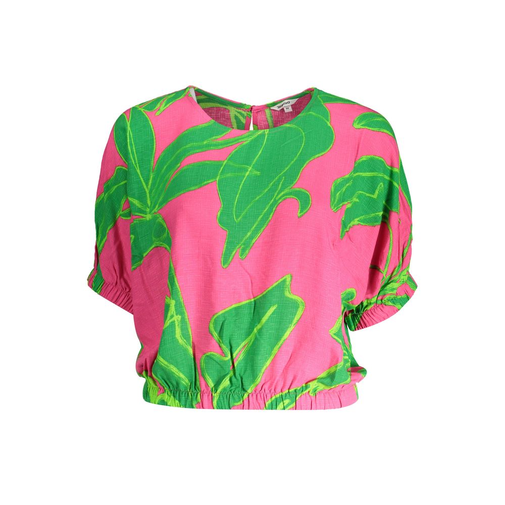 Desigual Pink Viscose Women Top with green leaf pattern, short sleeves and elastic waist