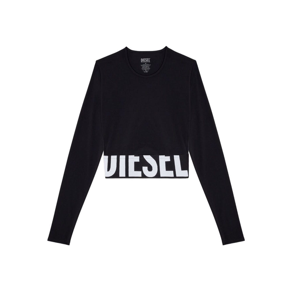 Diesel Sweaters Black – black cropped long sleeve round neck top with logo front design.
