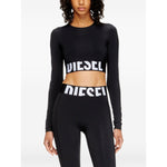 Alt Tag: Diesel Sweaters Black - Black long sleeve cropped sweater with round neck and logo on front, featuring a stylish cut-off design.
