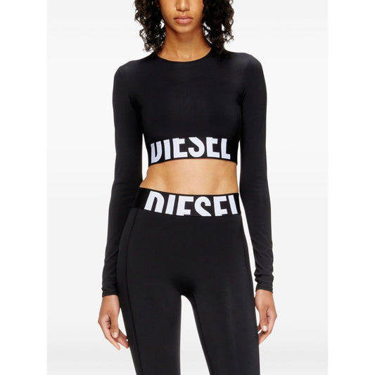 Alt Tag: Diesel Sweaters Black - Black long sleeve cropped sweater with round neck and logo on front, featuring a stylish cut-off design.