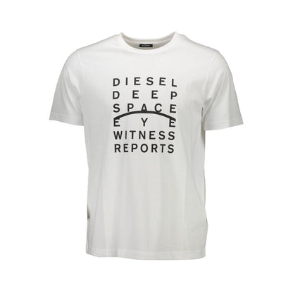 Diesel White Cotton Men T-Shirt with bold print and iconic logo for a stylish and confident look.