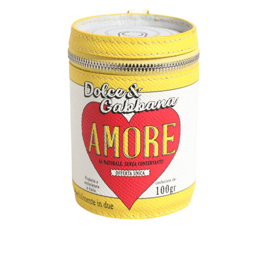 Dolce & Gabbana Amore Leather Yellow Bag Charm Coin Case Keychain Keyring with heart print and silver-tone key ring.