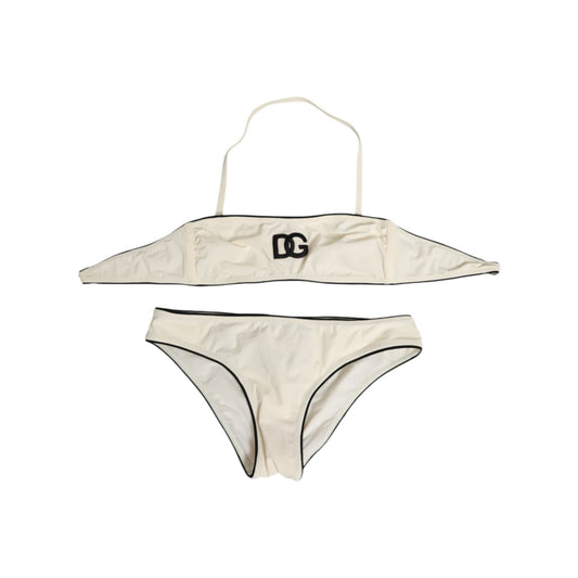Dolce & Gabbana Beige Logo Swimsuit 2 Piece Top Bottom Swimwear, sleek bandeau with logo and matching brief, stylish beachwear.