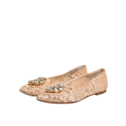 Dolce & Gabbana Beige Taormina Lace Crystals Flats Shoes Dolce & Gabbana