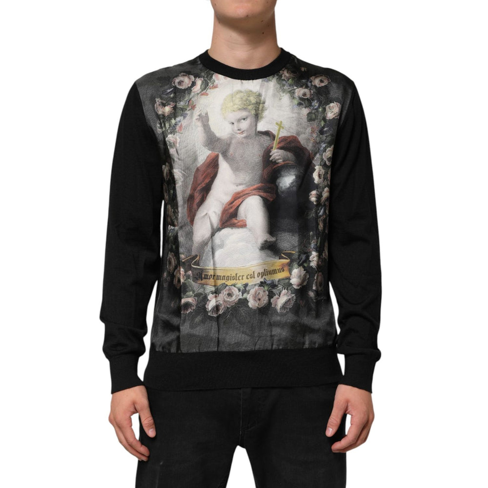 Dolce & Gabbana Black Cashmere Cherub Print Baroque Sweater