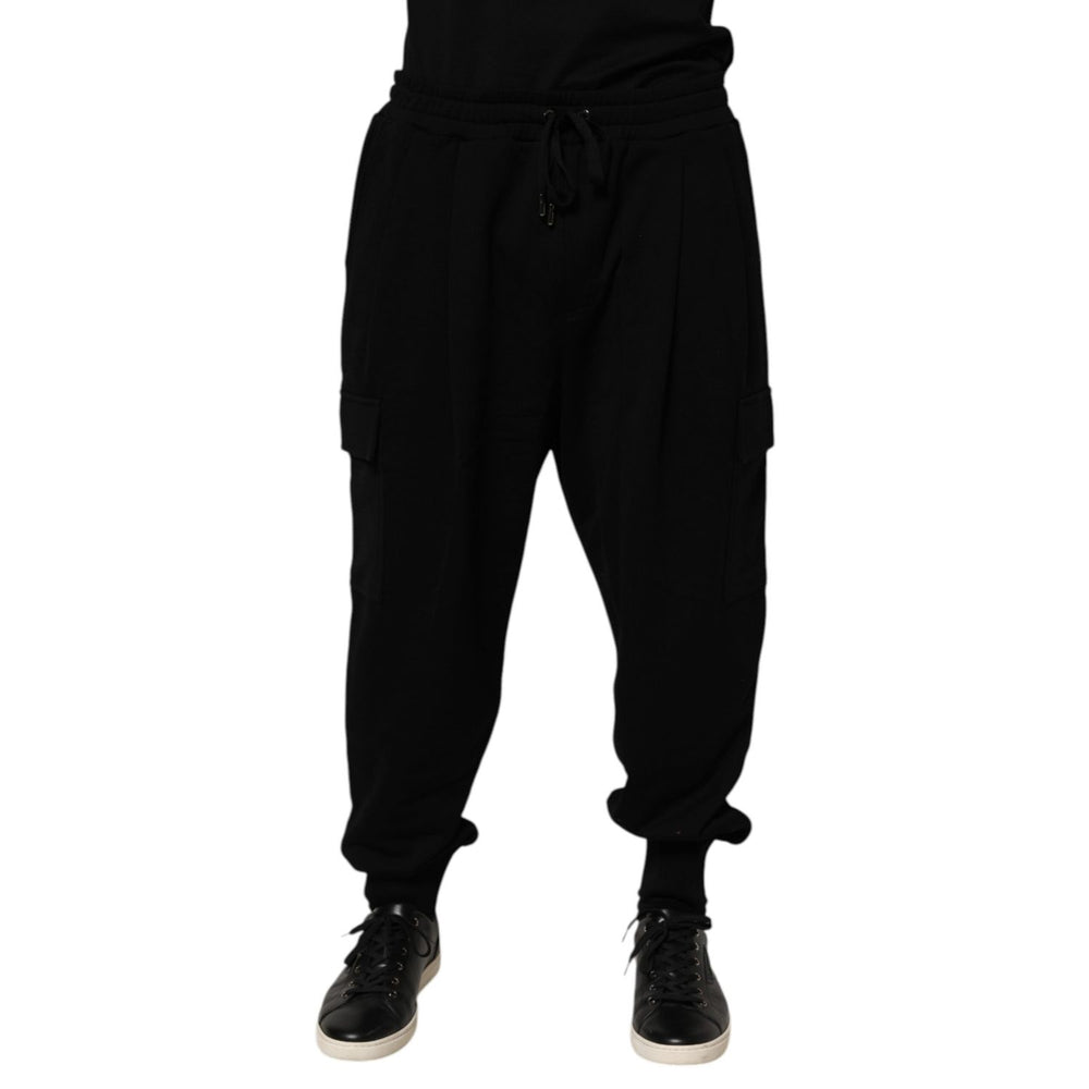 Dolce & Gabbana Black Cotton Blend Cargo Joggers Drawstring Pants with elastic waistband and side flap pockets.