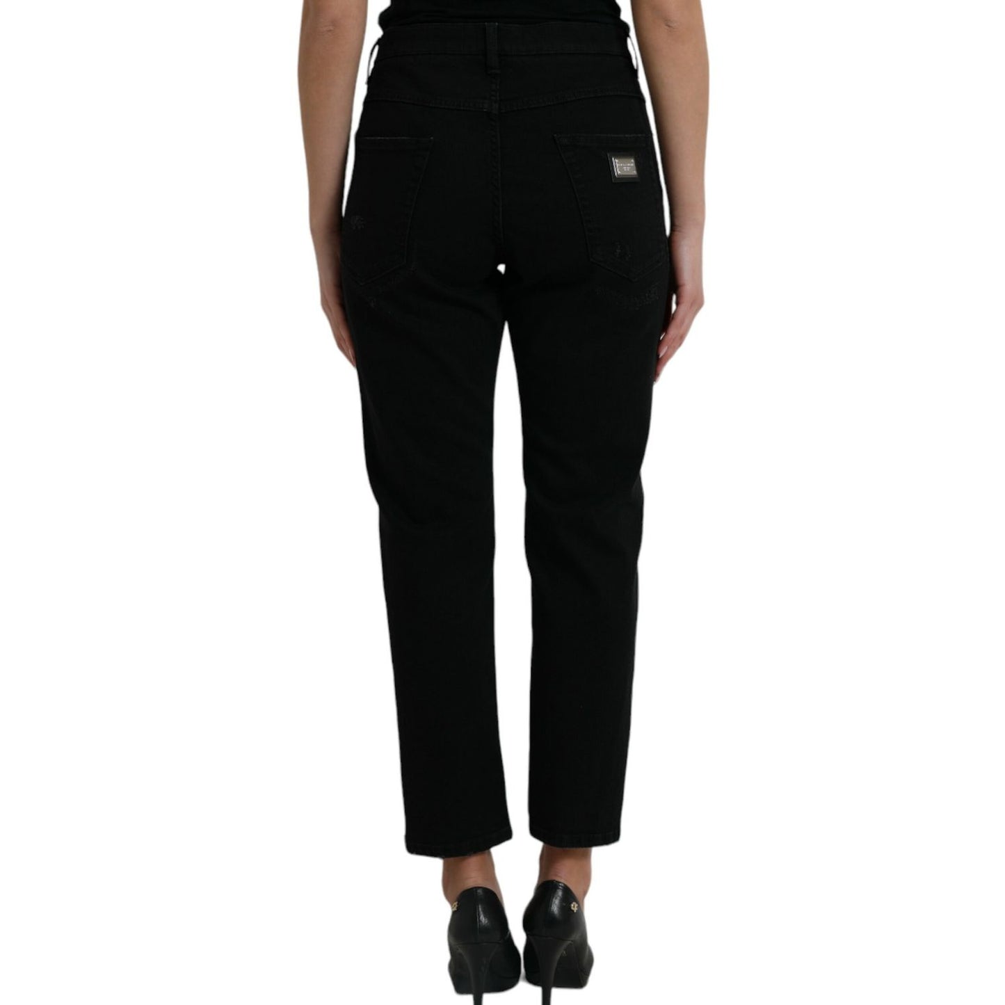 Dolce & Gabbana Black Cotton High Waist Tattered Denim Jeans