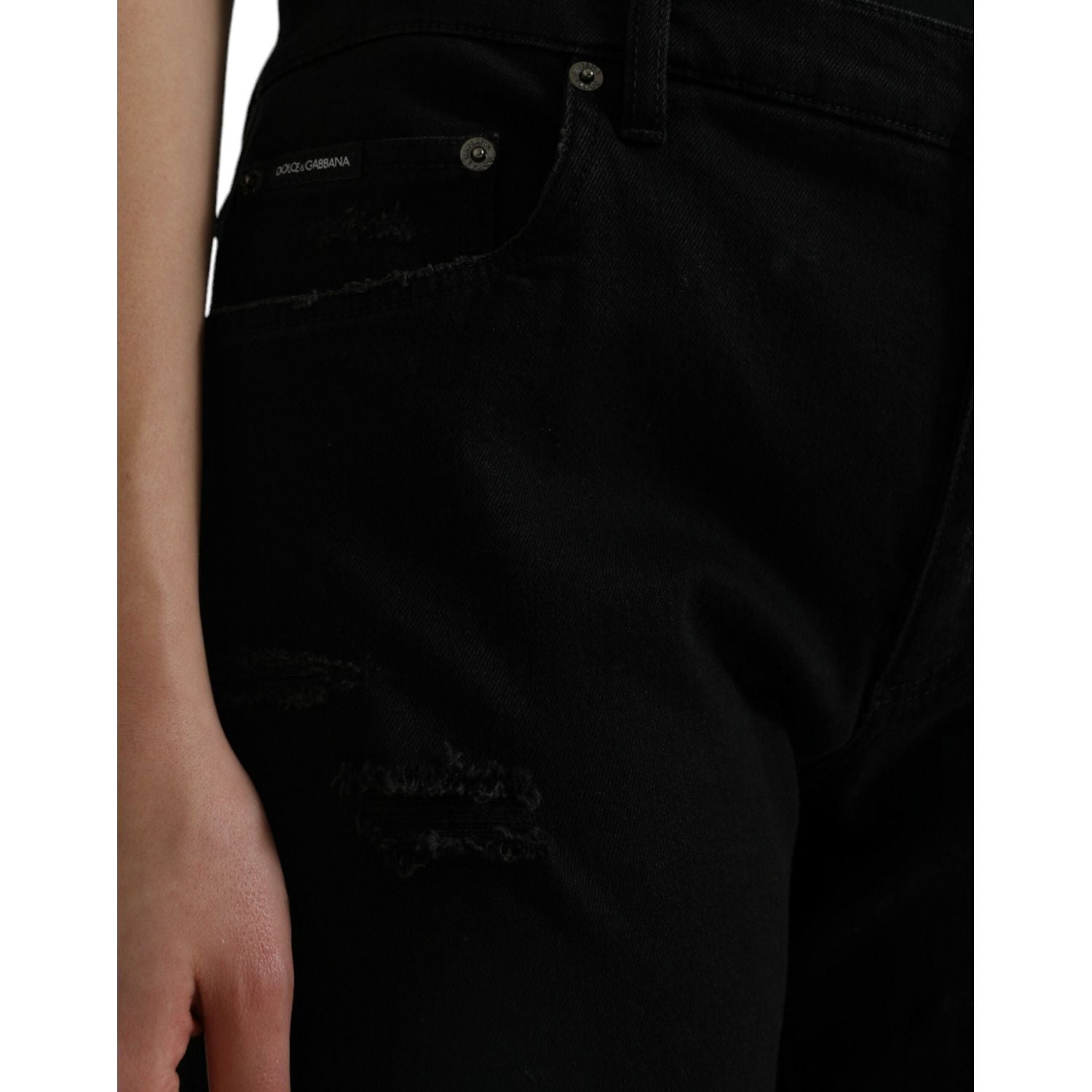 Dolce & Gabbana Black Cotton High Waist Tattered Denim Jeans