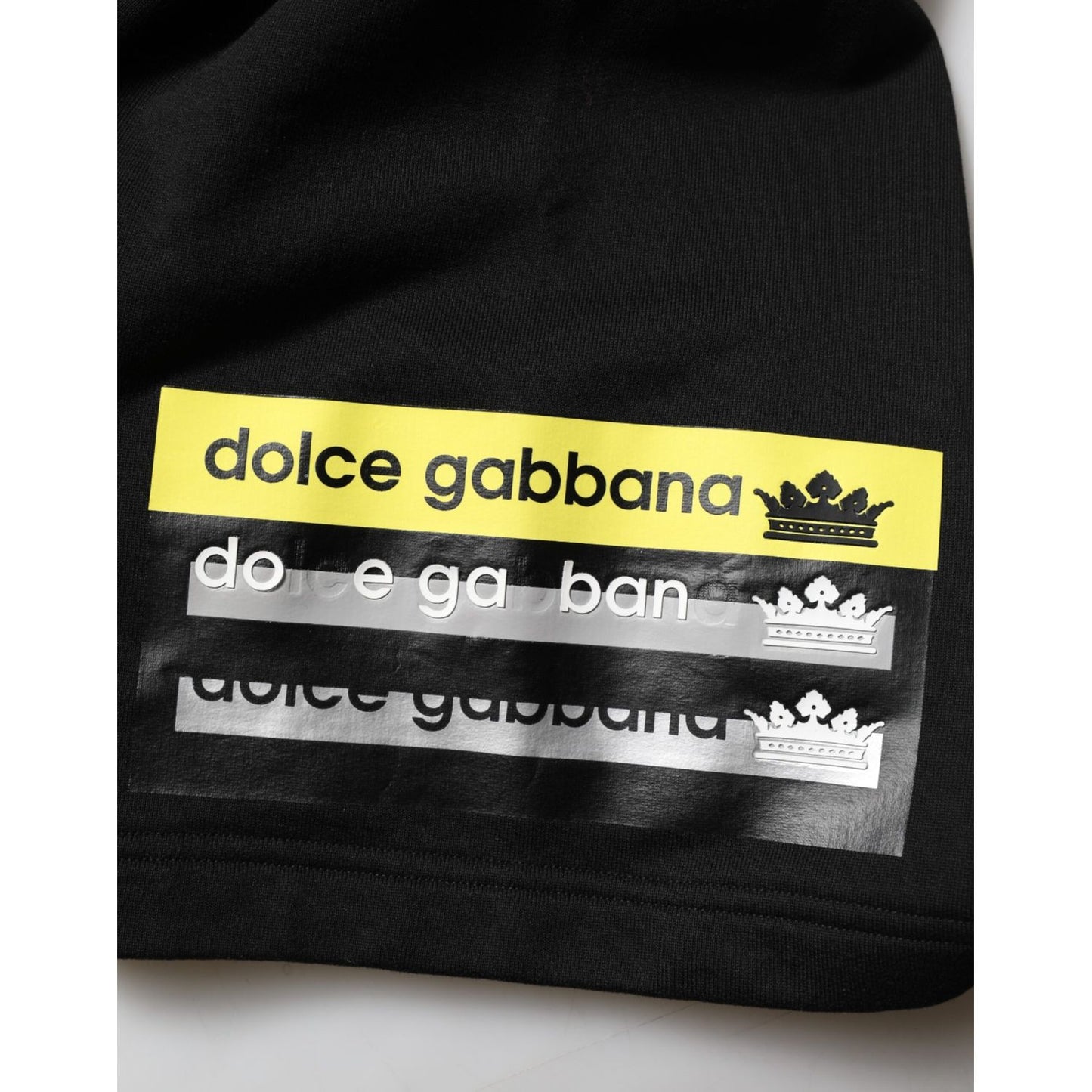 Dolce & Gabbana Black Cotton Mid Waist Casual Bermuda Short with logo details and drawstring closure, Made in Italy