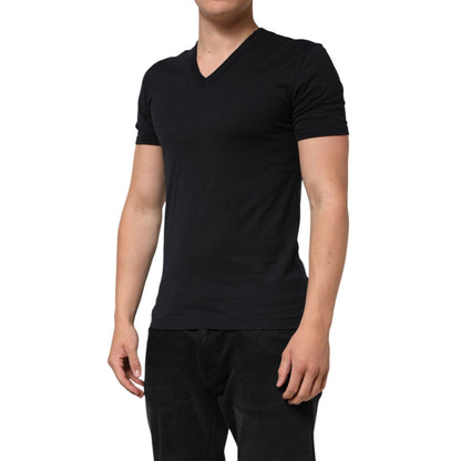 Dolce & Gabbana Black Cotton Plain V-Neck Men Shirt T-shirt