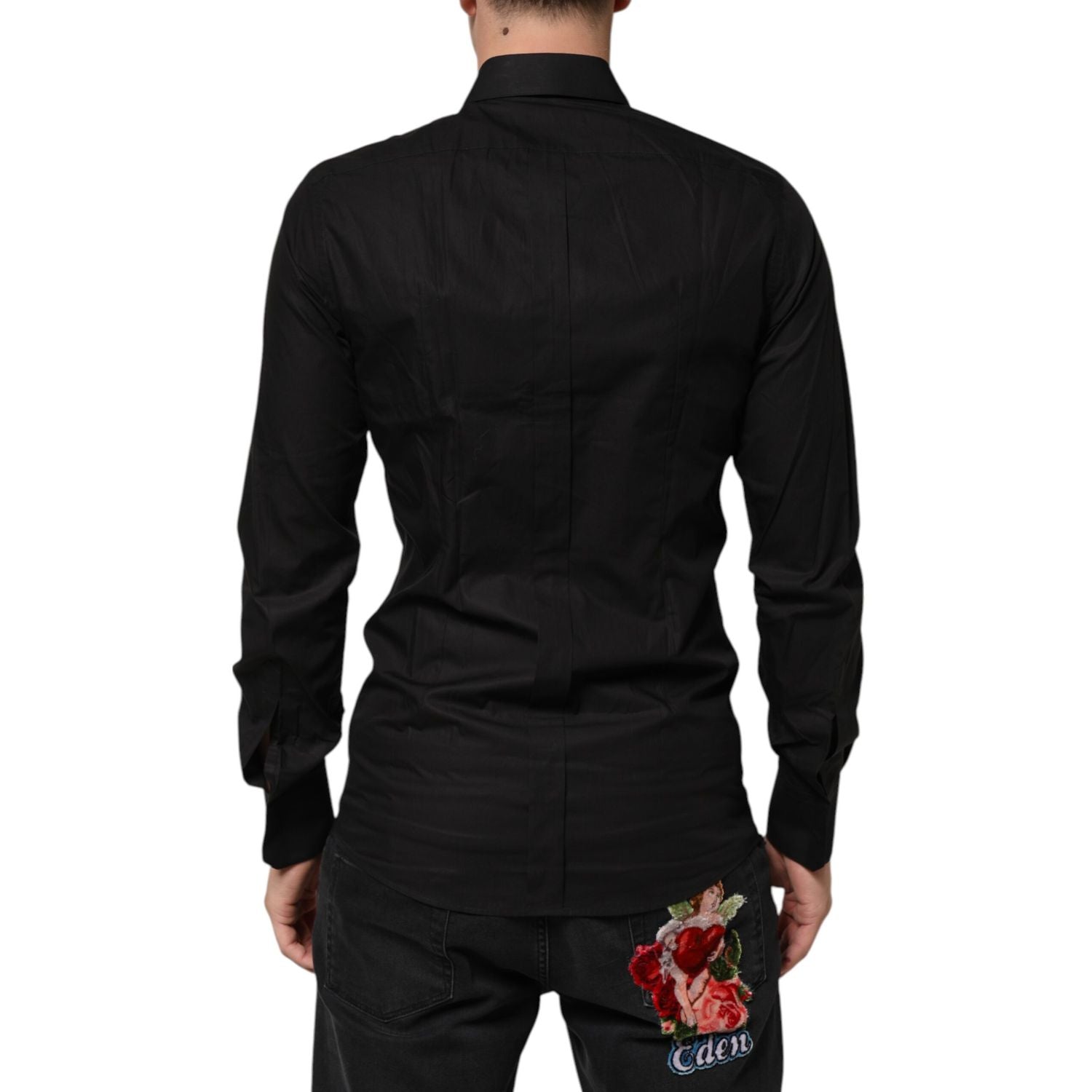 Dolce & Gabbana Black Cotton Star Sequin Dress Formal Men Shirt