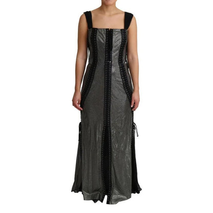 Dolce & Gabbana Black Crystals Lace Up Runway Gown Dress