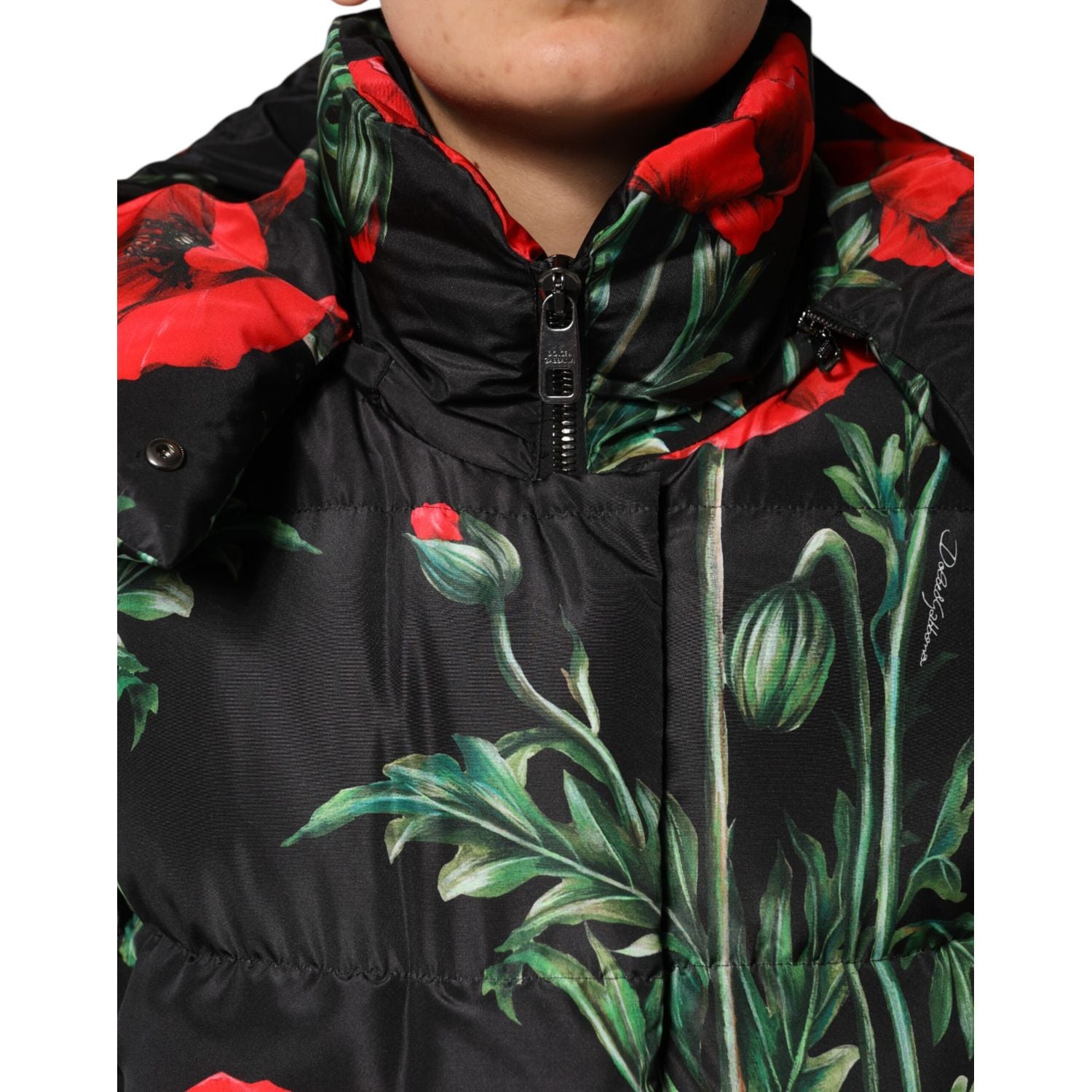 Dolce & Gabbana Black Floral Polyester Hooded Quilted Jacket