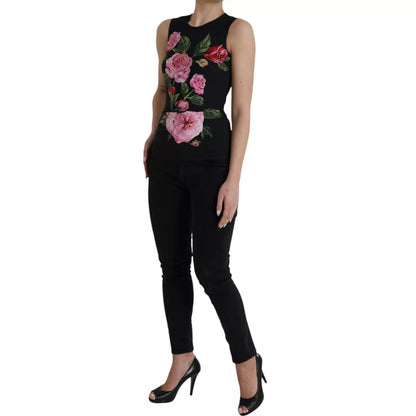Dolce & Gabbana Black Floral Viscose Round Neck Tank Top