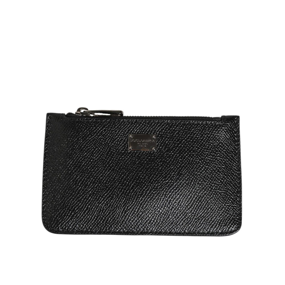 Dolce & Gabbana Black Leather Chain Link Mens Coin Purse Key Clip Holder Wallet with zipper and logo details.