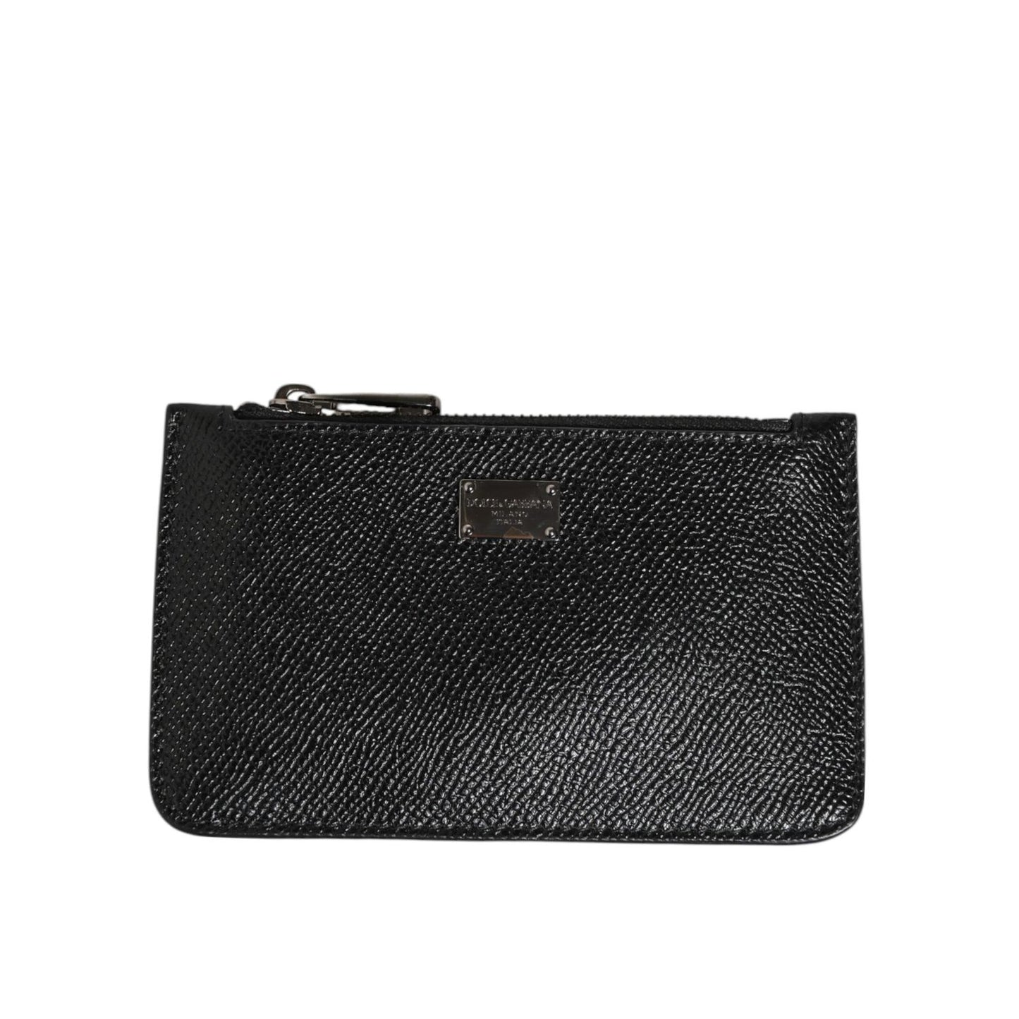 Dolce & Gabbana Black Leather Chain Link Mens Coin Purse Key Clip Holder Wallet with zipper and logo details.