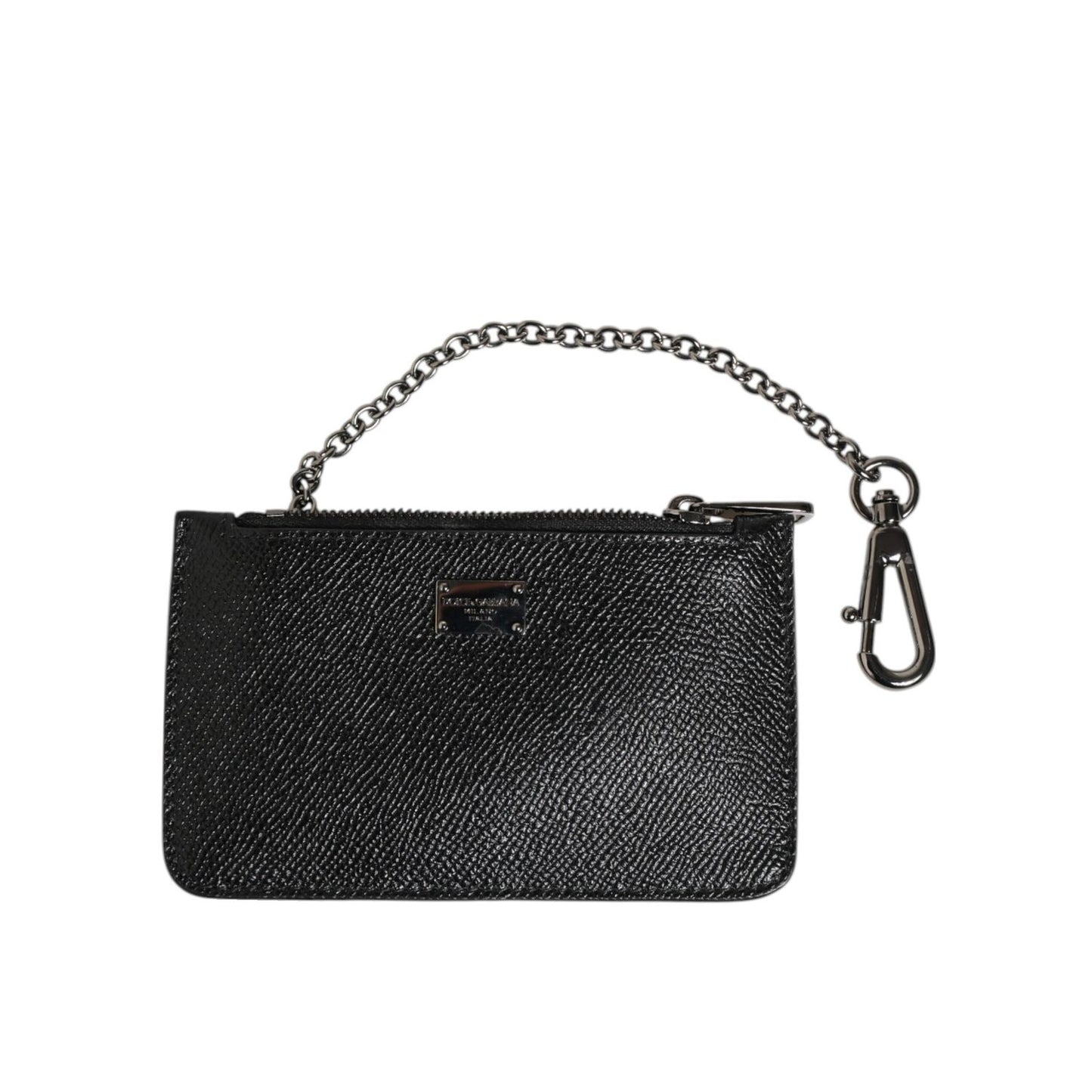 Dolce & Gabbana Black Leather Chain Link Mens Coin Purse Key Clip Holder Wallet, elegant luxury accessory with zipper closure.