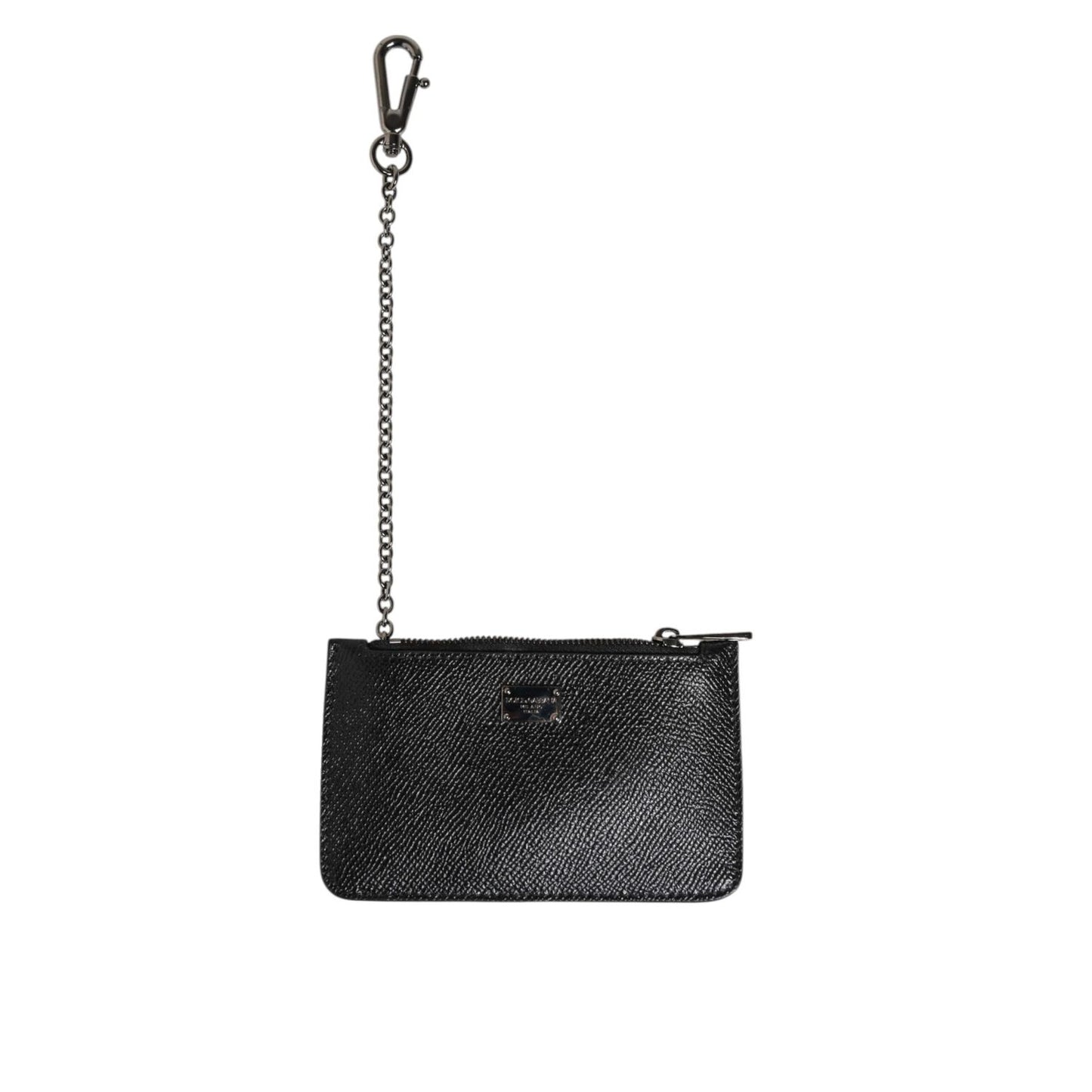 Dolce & Gabbana Black Leather Chain Link Mens Coin Purse Key Clip Holder Wallet with zipper closure and logo detail.