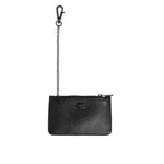 Dolce & Gabbana Black Leather Chain Link Mens Coin Purse Key Clip Holder Wallet with zipper closure and logo detail.