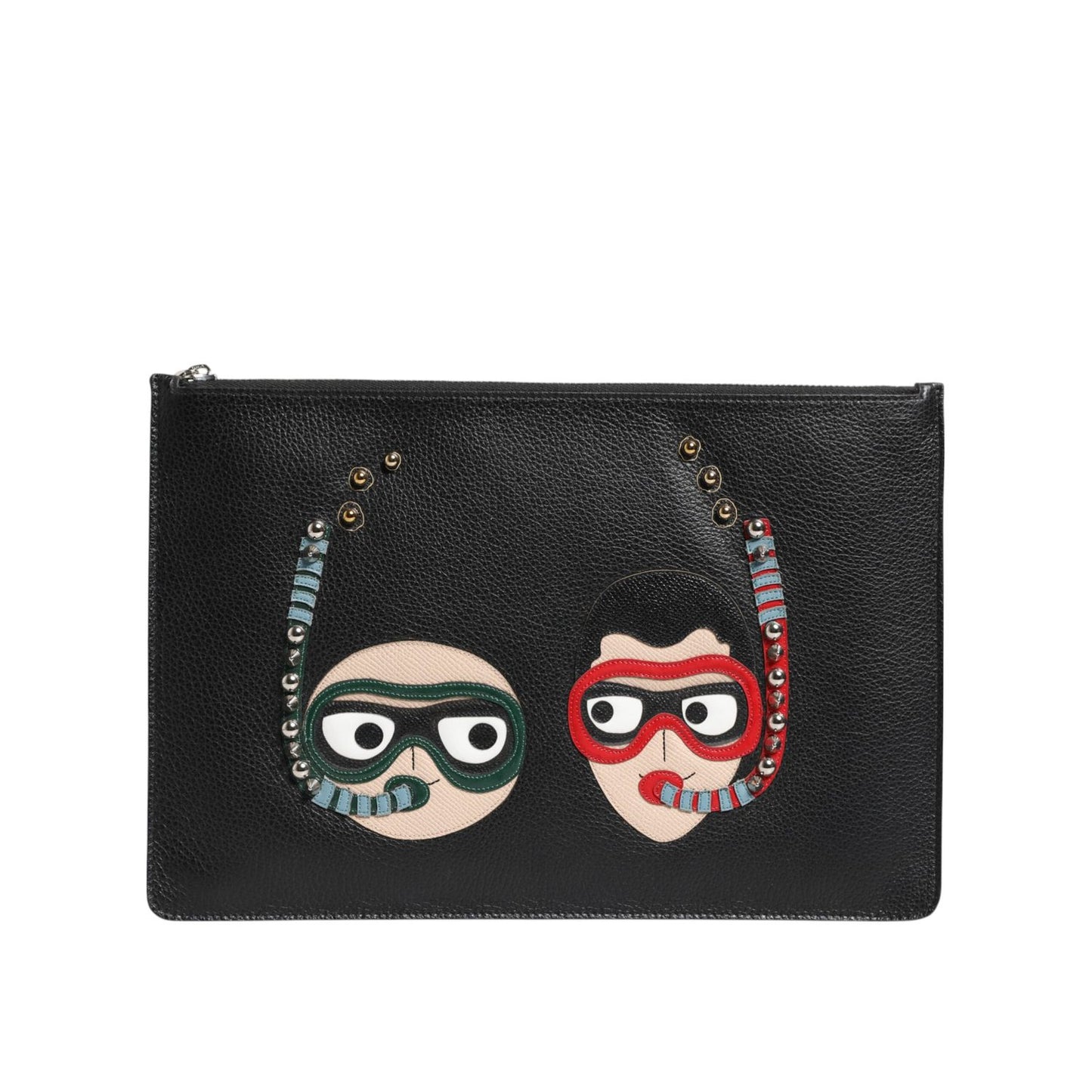 Dolce & Gabbana Black Leather #DGFAMILY Embellished Men Clutch Pouch Bag with graphic appliqués and zipper closure.