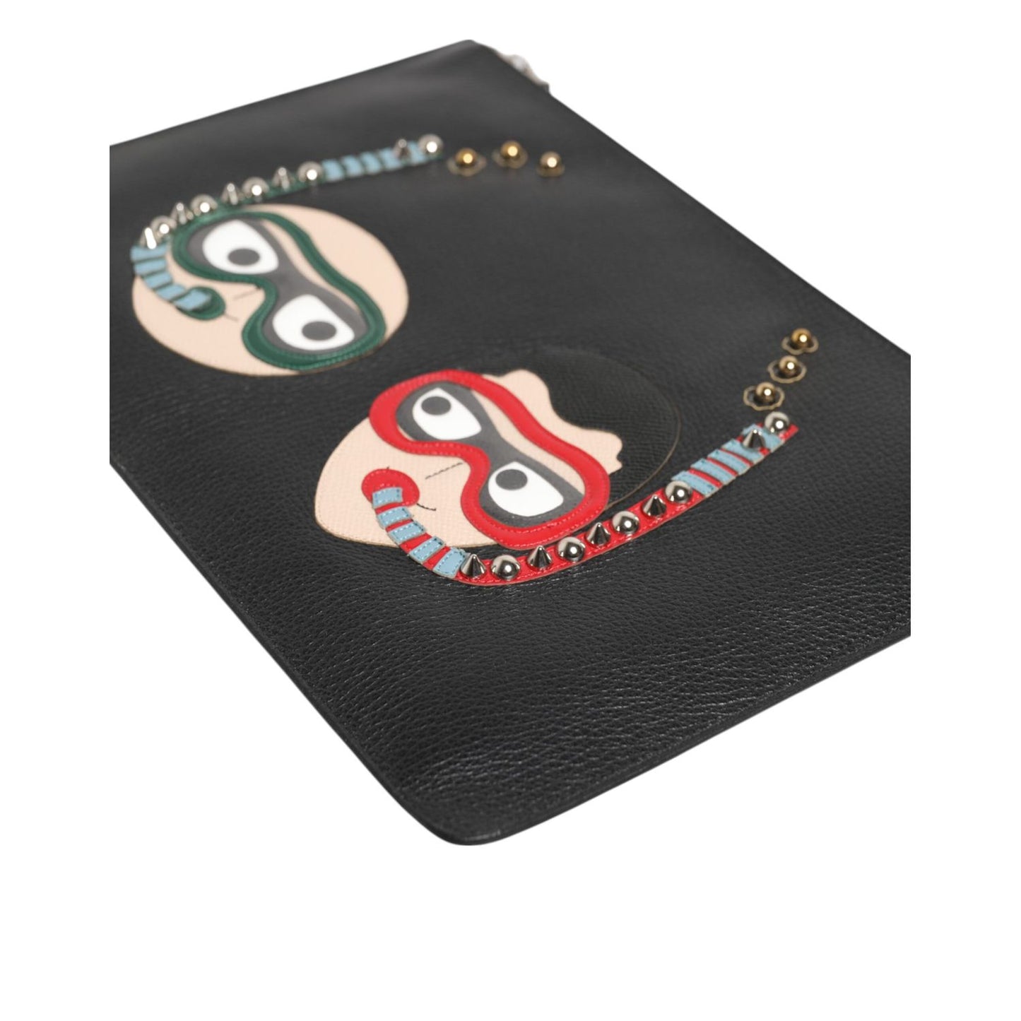 Dolce & Gabbana Black Leather #DGFAMILY Embellished Men Clutch Pouch Bag with multicolor appliqués and zipper closure.