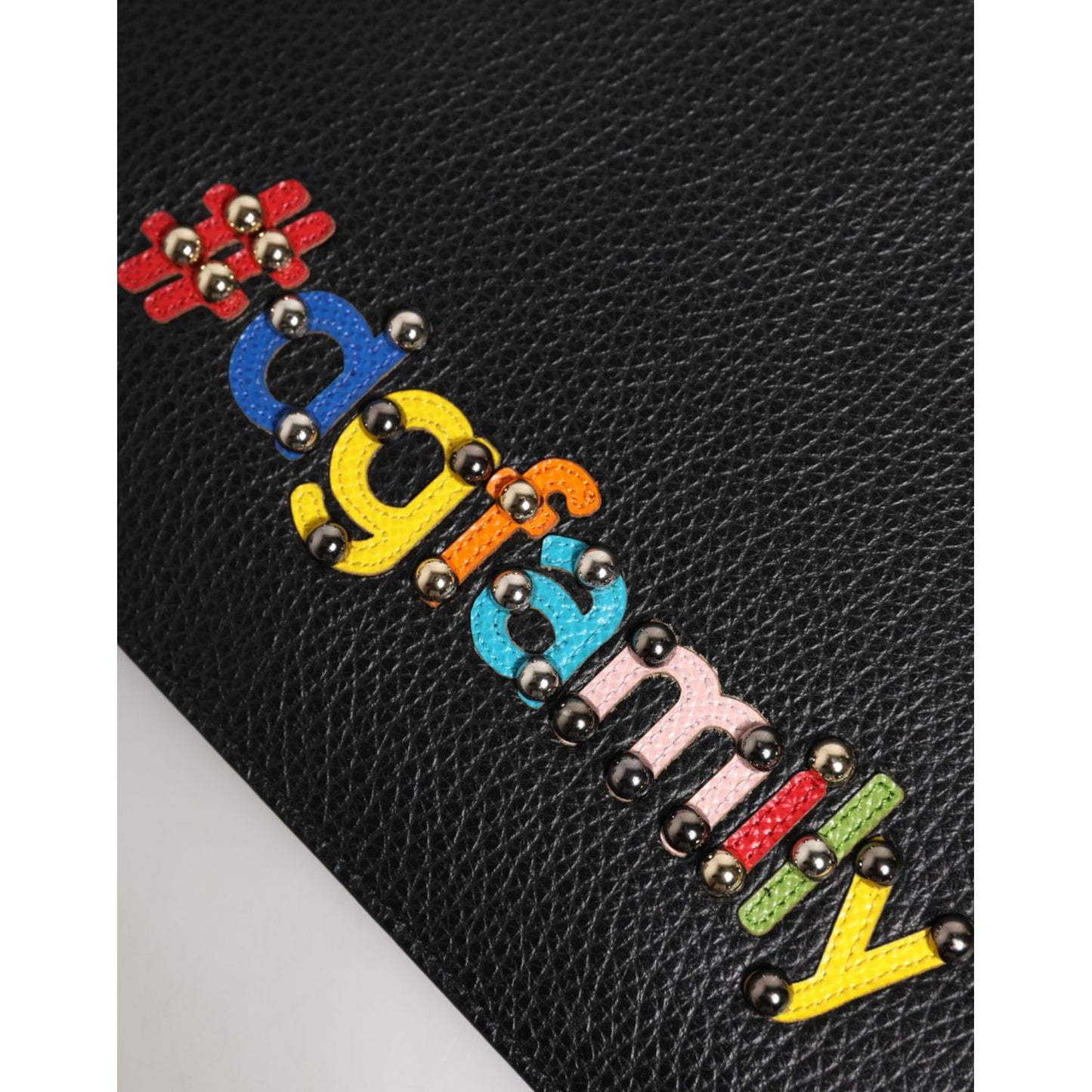 Dolce & Gabbana Black Leather #DGFAMILY Embellished Men Clutch Pouch Bag with multicolor appliqués