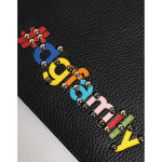 Dolce & Gabbana Black Leather #DGFAMILY Embellished Men Clutch Pouch Bag with multicolor appliqués