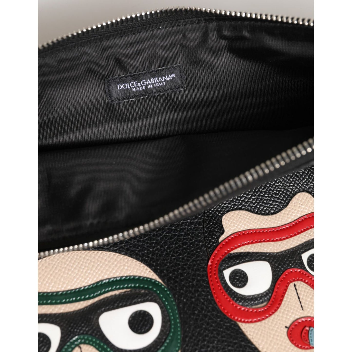 Dolce & Gabbana Black Leather #DGFAMILY Embellished Men Clutch Pouch Bag with multicolor graphic leather appliqués and zipper