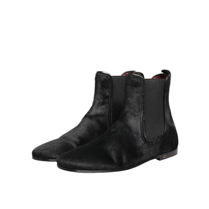Dolce & Gabbana Black Leather Fur Men CHELSEA Boots Shoes